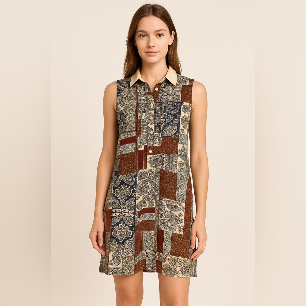 Simply Noelle Blue and Brown Sheer Patchwork Dress Size S/M